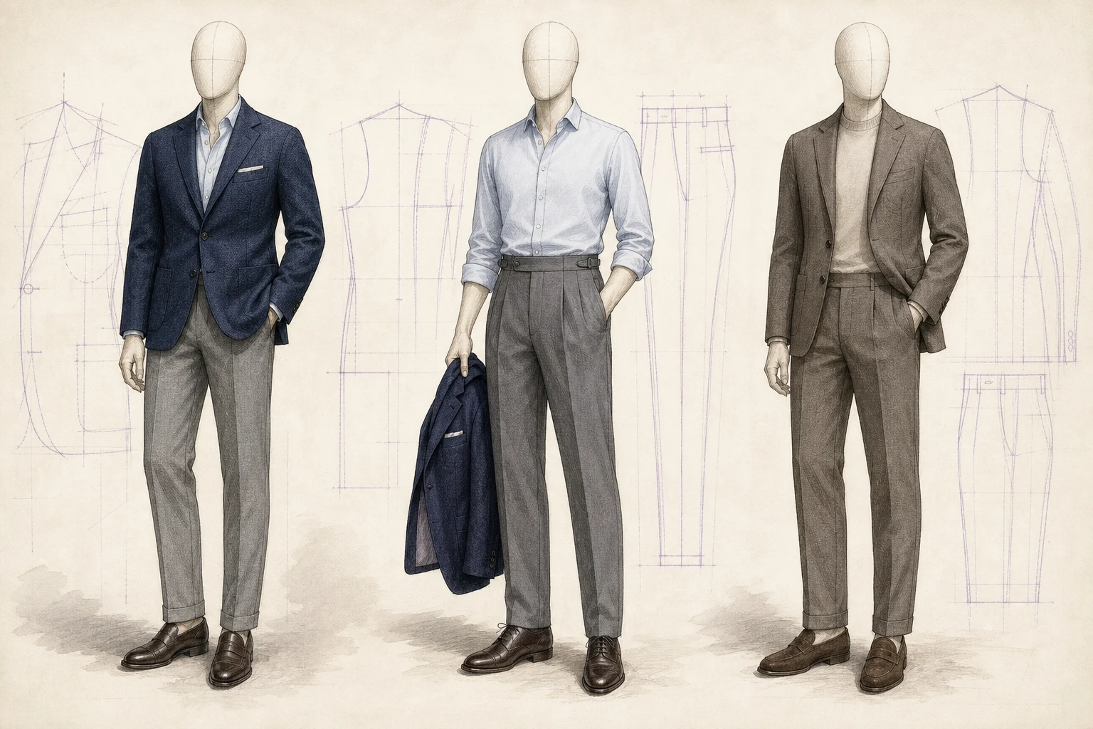 ジャケット、トラウザーズ、セットアップの仕立て比較スケッチ