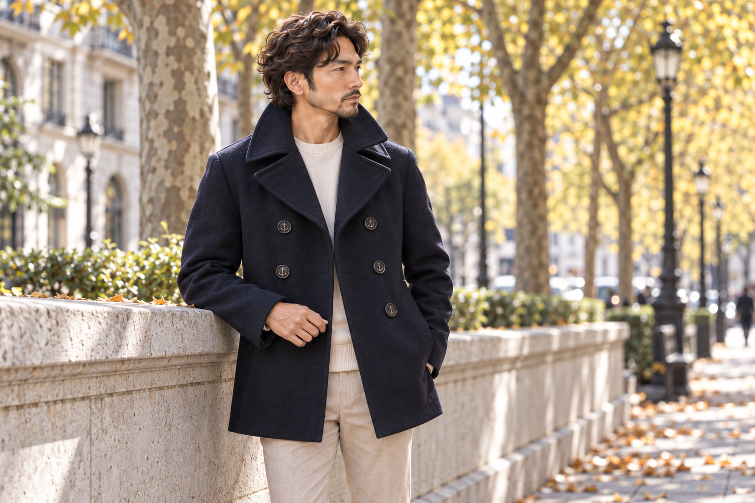 明るい街で濃紺のピーコートの襟を立てた男性。生成りのニットを合わせ、顔と首まわりに余裕を残している