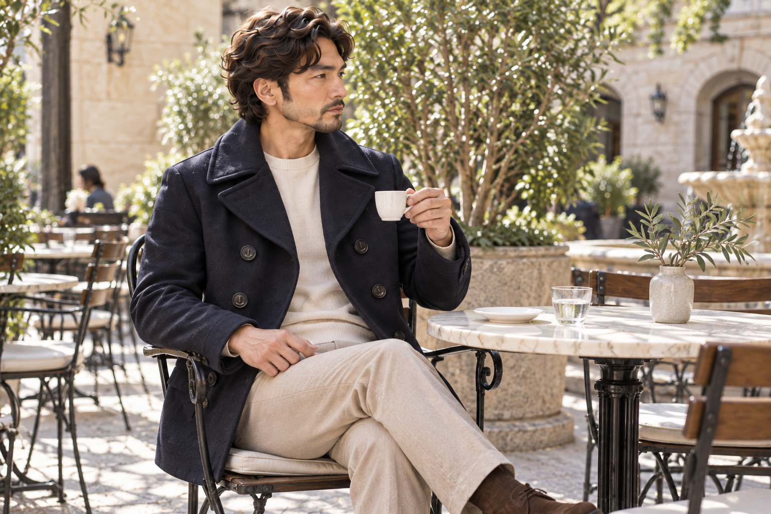 同じ男性が街のカフェに座り、濃紺のピーコートの前を開いて生成りニットと薄いベージュのパンツを見せる