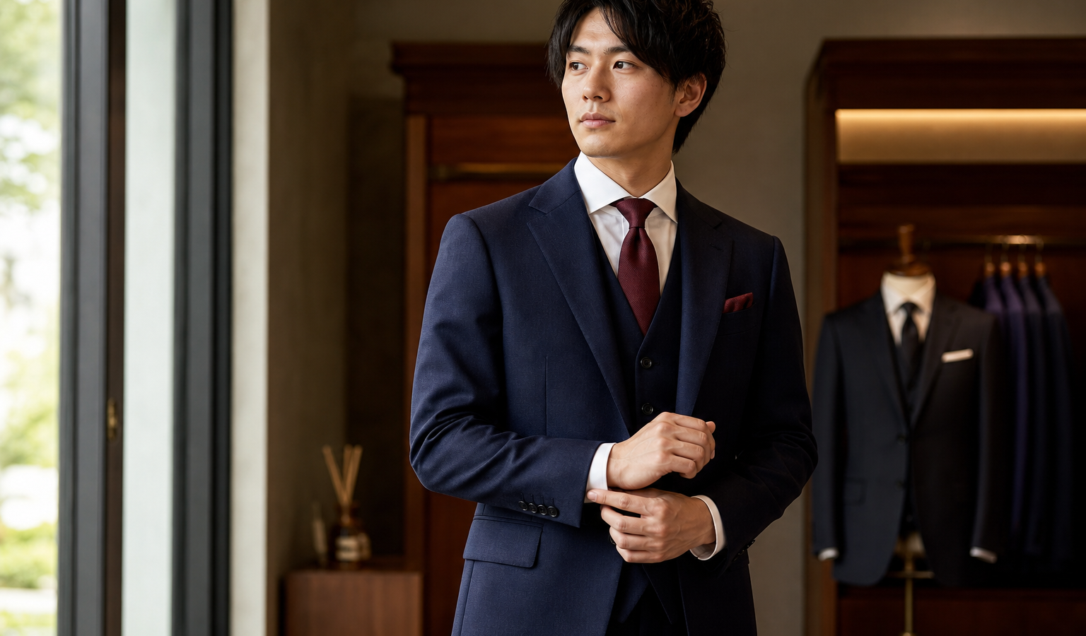 成人式に向けてネイビーのスリーピーススーツを着用する新成人男性