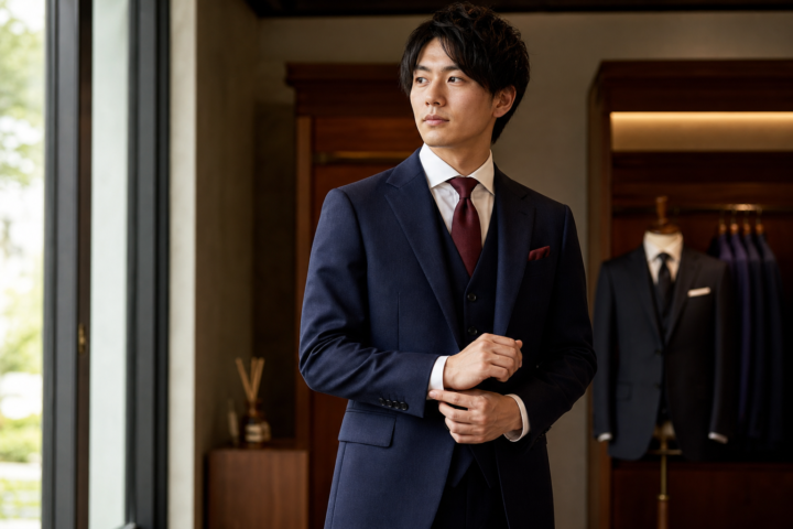 成人式に向けてネイビーのスリーピーススーツを着用する新成人男性