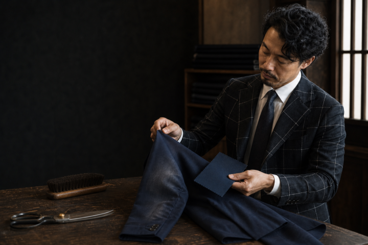 古いネイビースーツの生地の傷みを確認する40代後半のフィッター