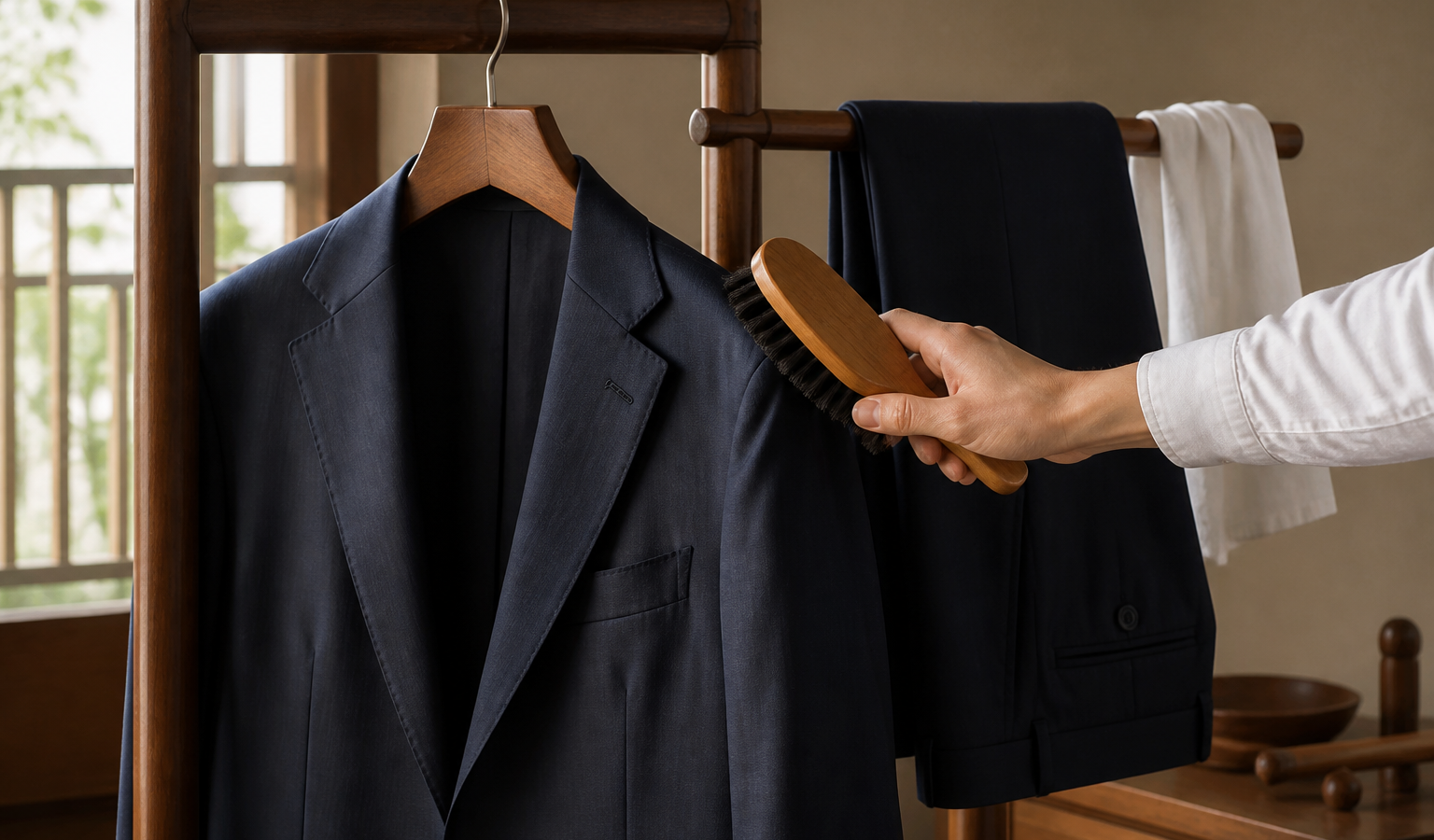 木製ハンガーに掛けたネイビーの夏用スーツを洋服ブラシで手入れする様子