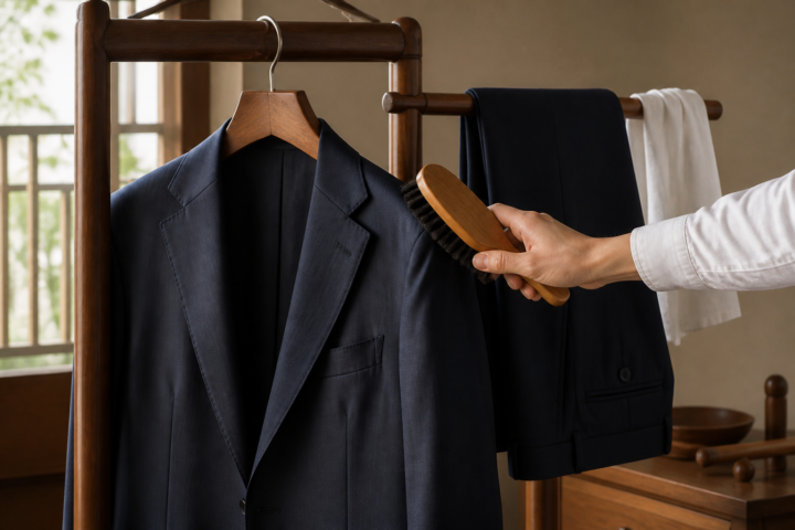 木製ハンガーに掛けたネイビーの夏用スーツを洋服ブラシで手入れする様子