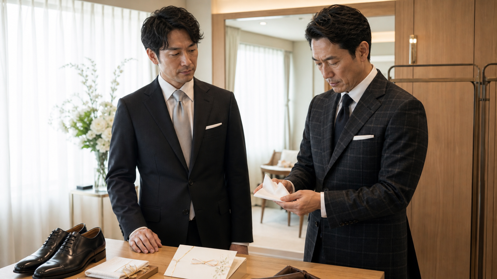 結婚式へ参列する男性客に白いポケットチーフの折り方を説明するZENTILEフィッター