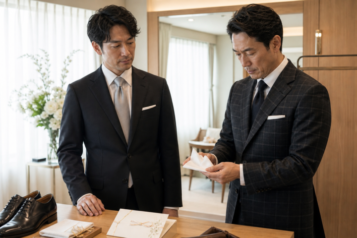 結婚式へ参列する男性客に白いポケットチーフの折り方を説明するZENTILEフィッター