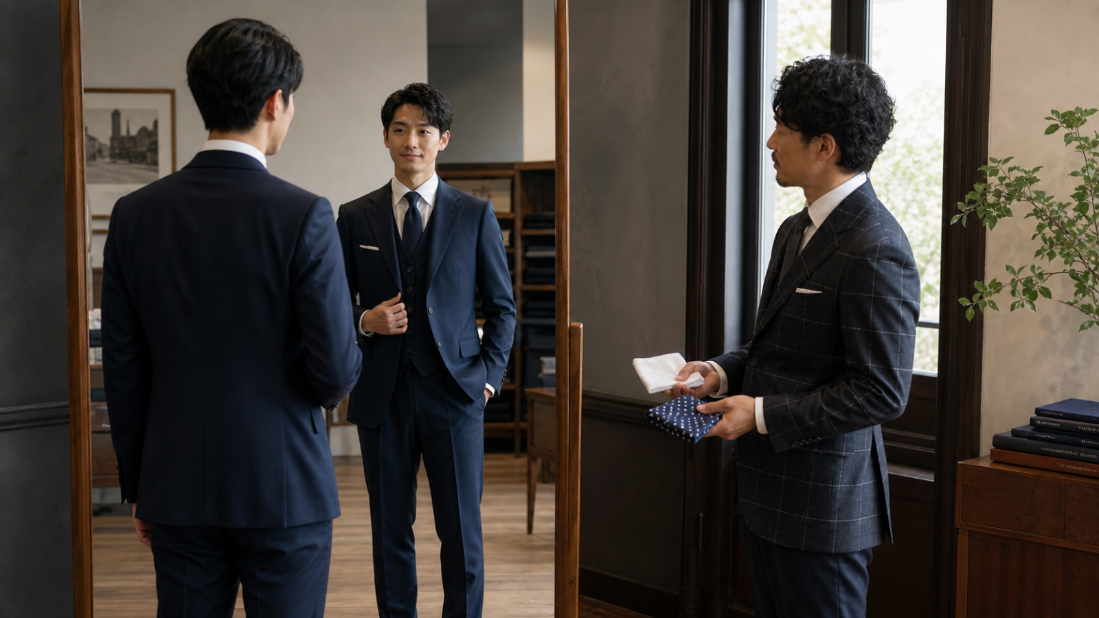 成人式後も着られる濃紺のスリーピースを鏡で確認する20歳の男性とZENTILEフィッター