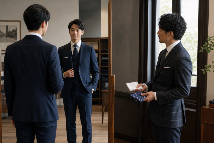 成人式後も着られる濃紺のスリーピースを鏡で確認する20歳の男性とZENTILEフィッター