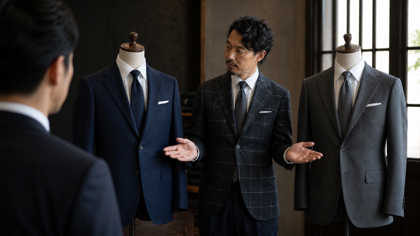 ネイビーとグレーのスーツを並べて男性客に違いを説明するZENTILEフィッター