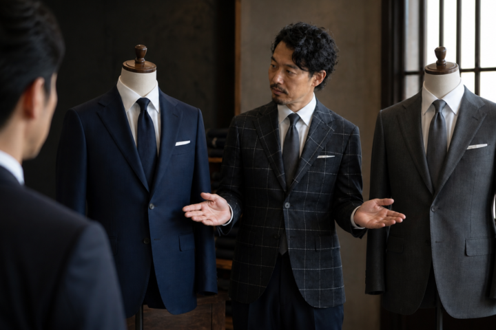 ネイビーとグレーのスーツを並べて男性客に違いを説明するZENTILEフィッター