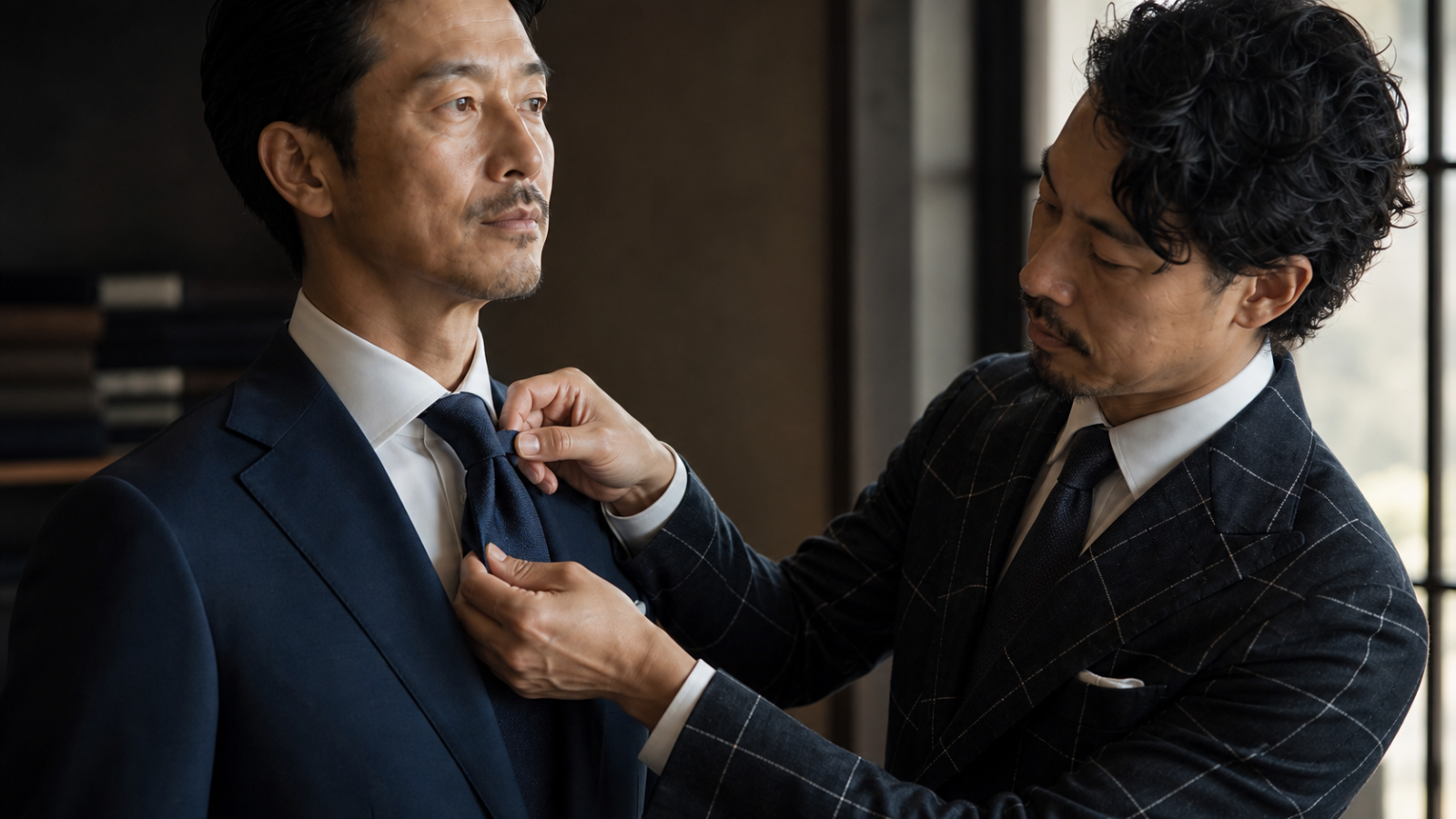 商談前に男性客のシャツ襟とネクタイの結び目を整える40代後半のZENTILEフィッター