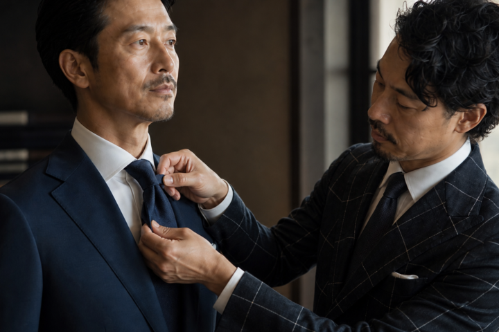 商談前に男性客のシャツ襟とネクタイの結び目を整える40代後半のZENTILEフィッター