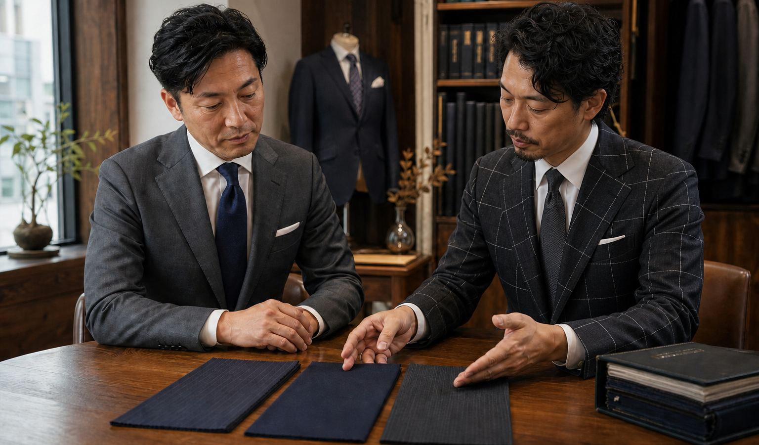 オーダースーツの予算と生地を相談する40代男性とフィッター