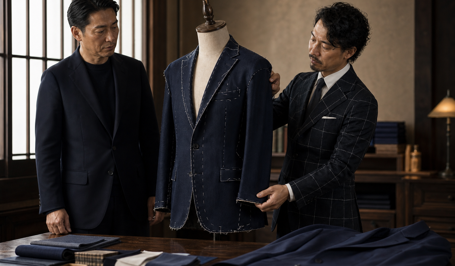 仮縫い段階のネイビージャケットを確認する40代後半のフィッター