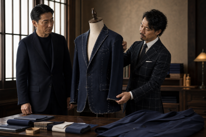 仮縫い段階のネイビージャケットを確認する40代後半のフィッター