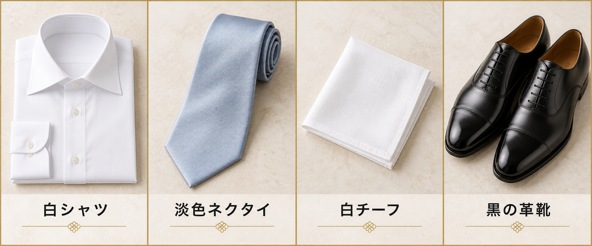 平服指定の結婚式で男性が合わせたい白シャツ・淡色ネクタイ・白チーフ・黒革靴の図解