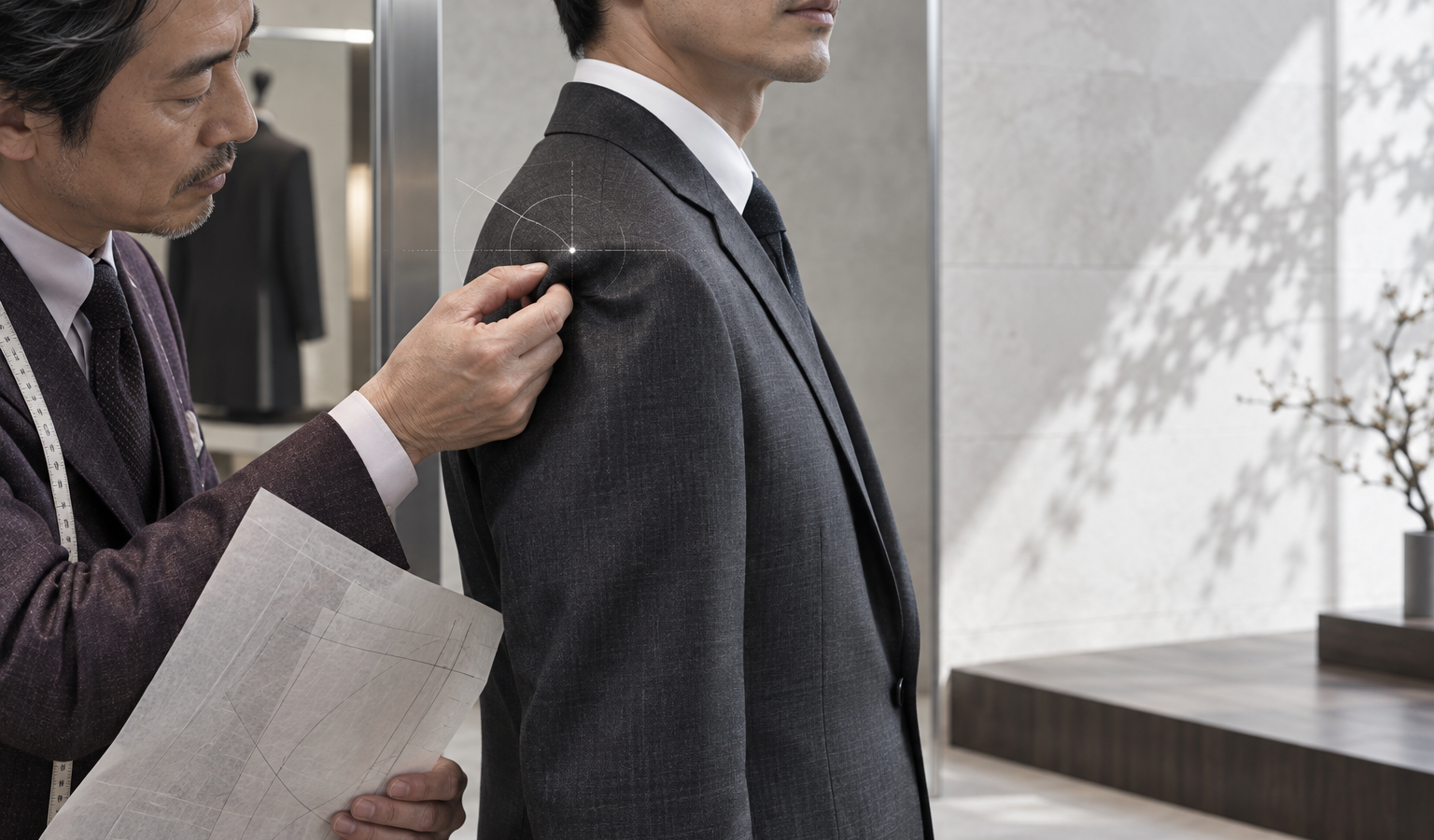 チャコールスーツの肩先にできたくぼみを確認する40代後半のフィッター