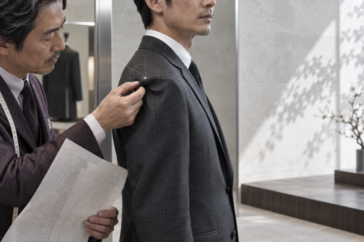 チャコールスーツの肩先にできたくぼみを確認する40代後半のフィッター