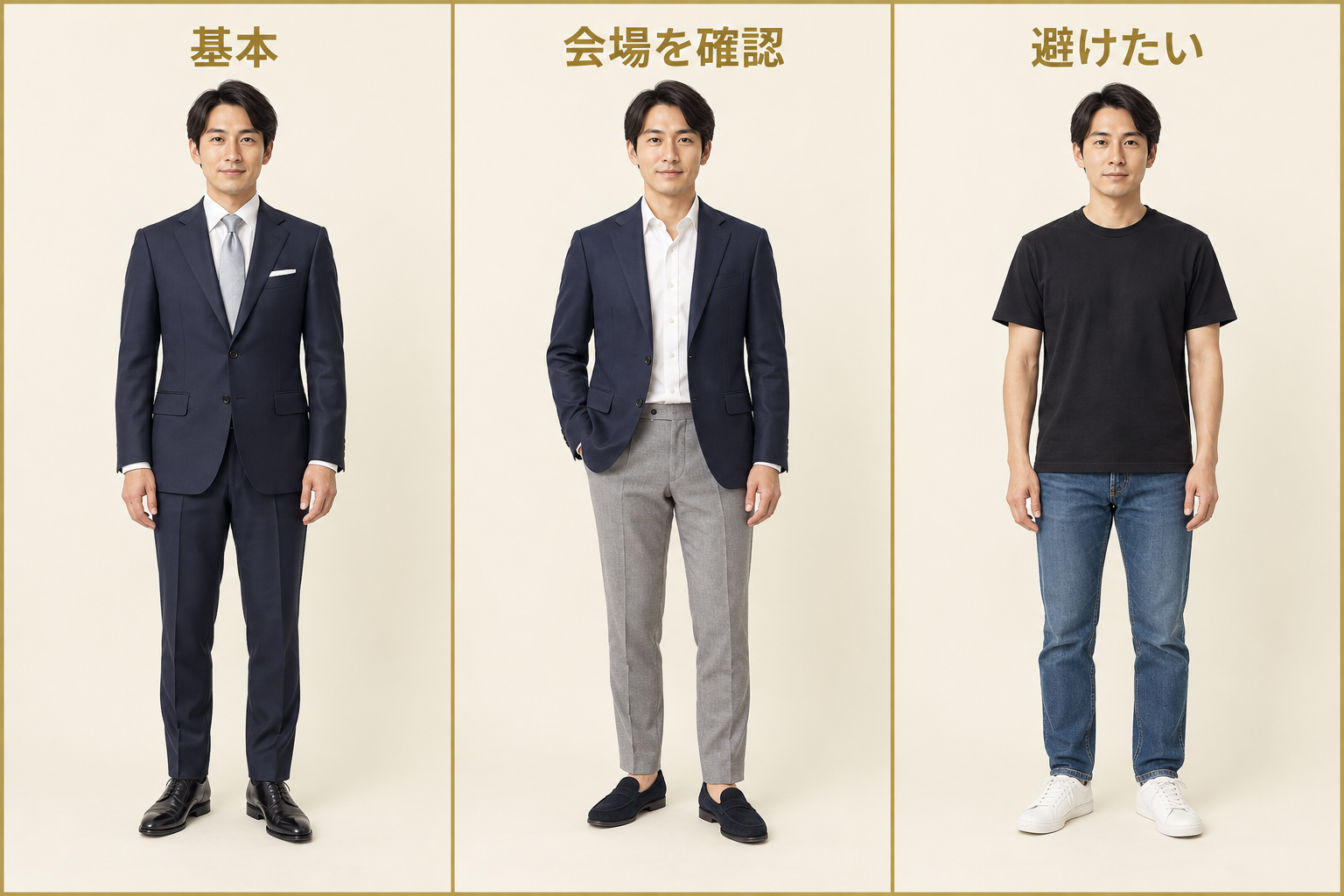 結婚式の平服について、基本のダークスーツ・会場確認が必要なジャケパン・避けたい普段着を比較した図解