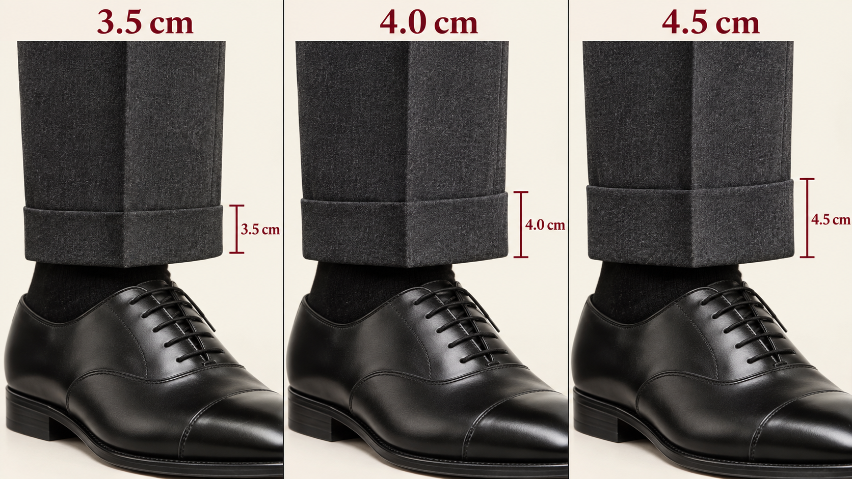 スーツパンツのダブル裾を3.5cm・4cm・4.5cmの幅で比較した図解