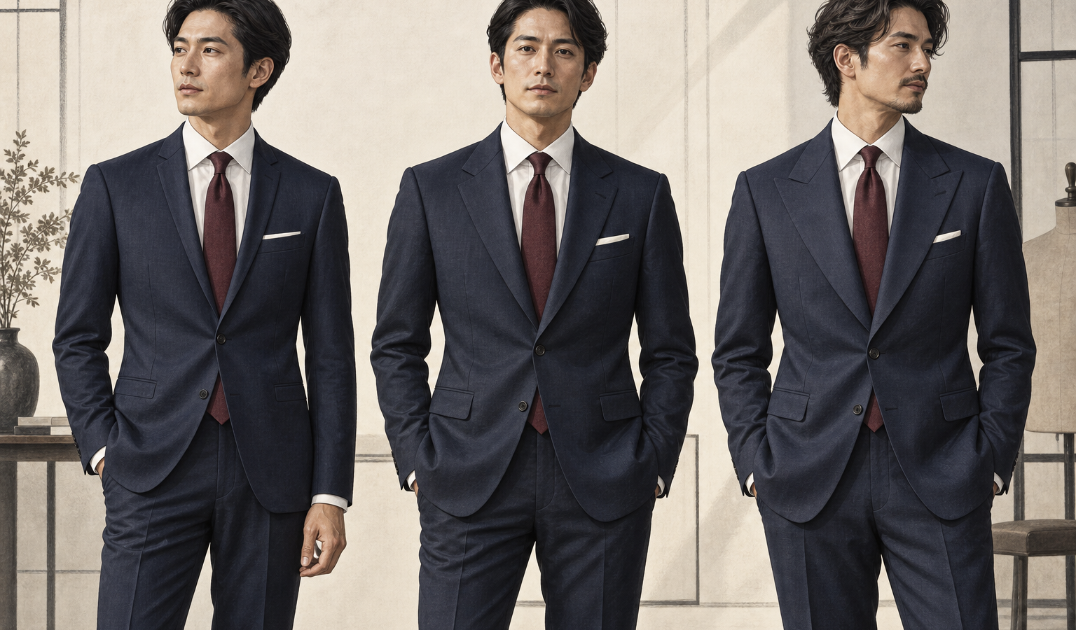 細い・標準・太いラペルのネイビースーツを着た3人の男性を描いたアイキャッチイラスト