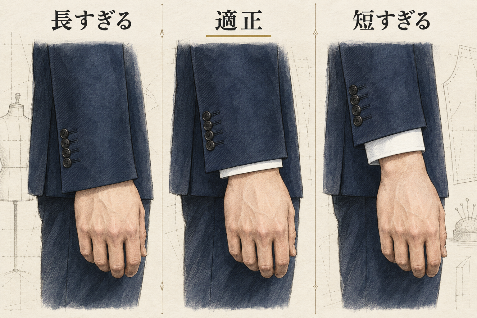 スーツの袖丈が長すぎる・適正・短すぎる状態とシャツカフスの見える量を比較した手描き図解