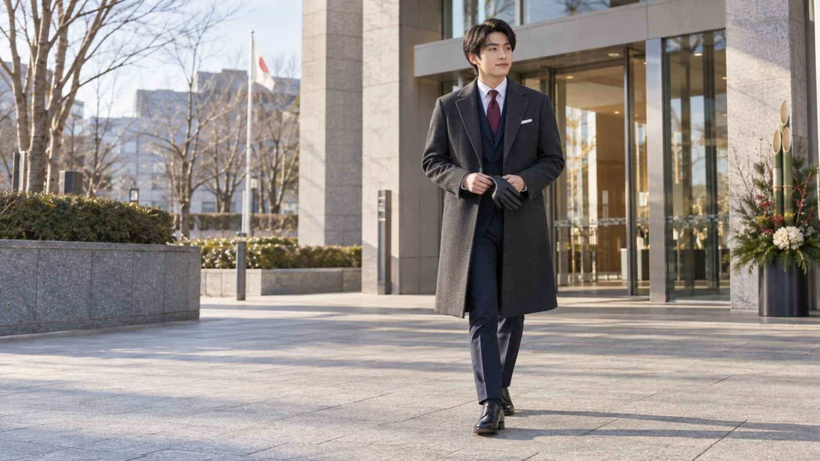 成人式会場へ向かう濃紺スーツとチャコールのチェスターコートを着た若い男性