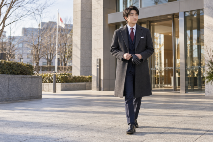 成人式会場へ向かう濃紺スーツとチャコールのチェスターコートを着た若い男性