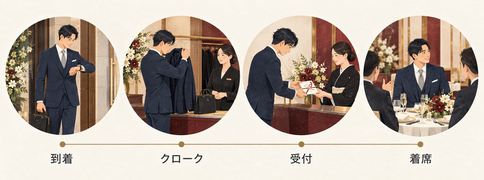 結婚式会場への到着からクローク・受付・着席までの流れを示したイラスト
