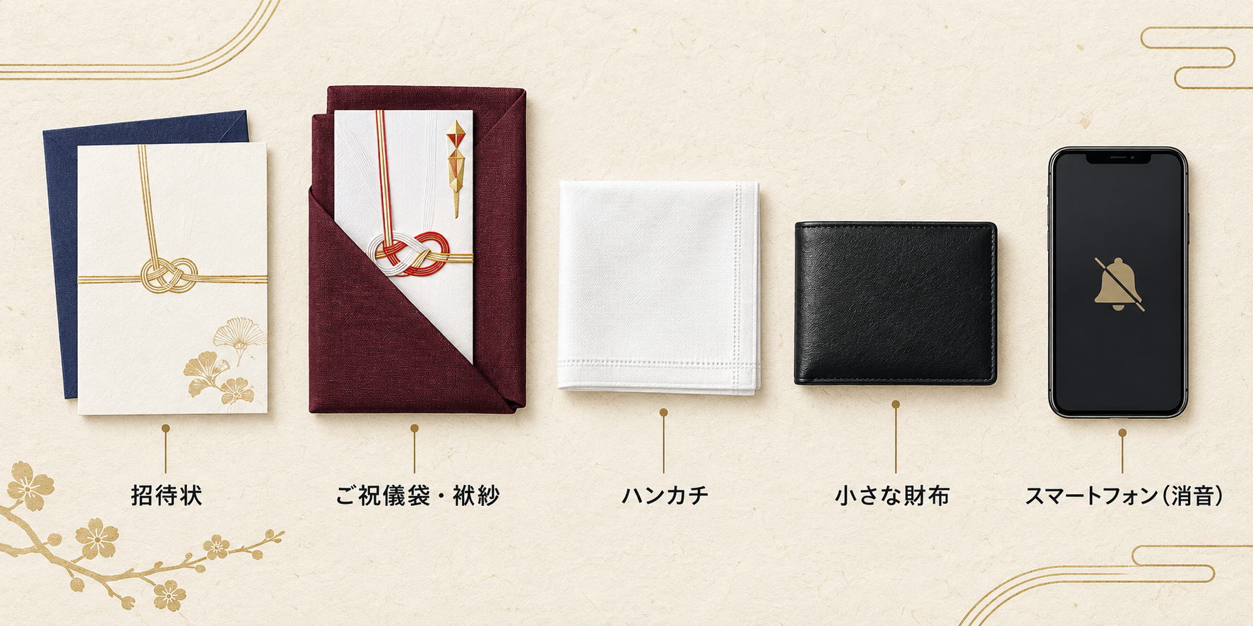 結婚式に参列する男性が用意したい招待状・ご祝儀袋・袱紗・ハンカチ・財布・スマートフォンの持ち物図解