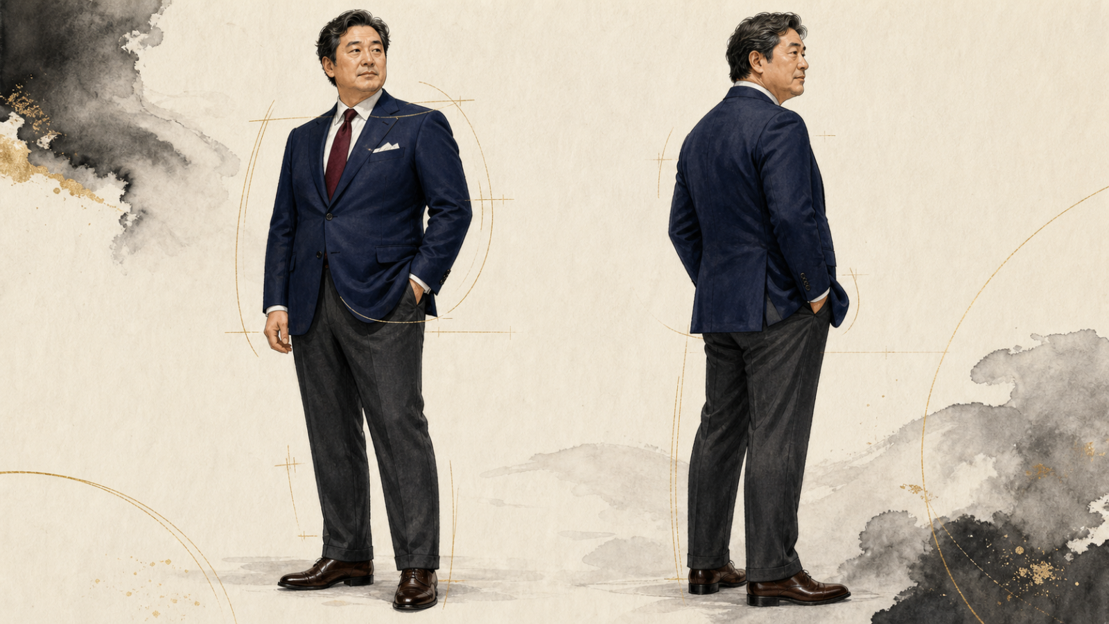 お腹まわりに必要なゆとりを保ちながら端正に仕立てたネイビースーツを着る40代後半の男性のイラスト