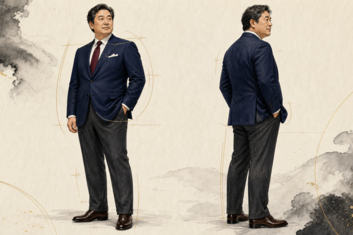 お腹まわりに必要なゆとりを保ちながら端正に仕立てたネイビースーツを着る40代後半の男性のイラスト