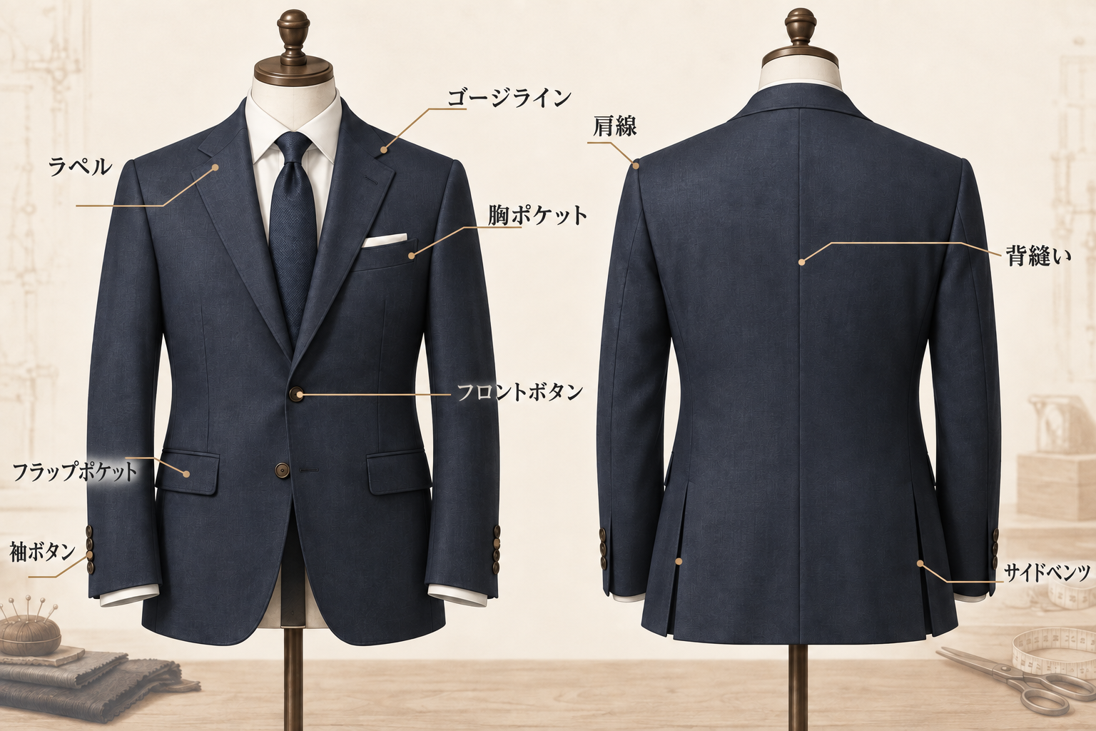 スーツジャケットの前後とラペル、ゴージライン、胸ポケット、フラップ、袖ボタン、サイドベンツの位置を示す図解