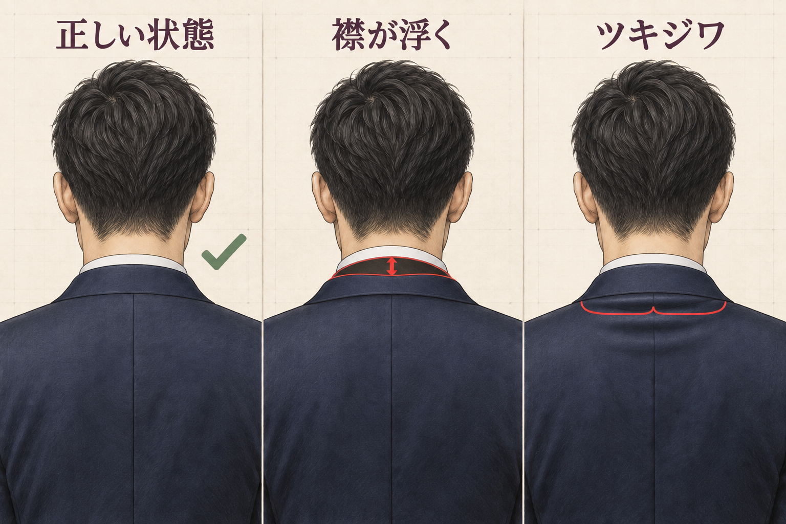 スーツの後ろ襟について正しい状態・襟が浮く状態・ツキジワを比較した図解