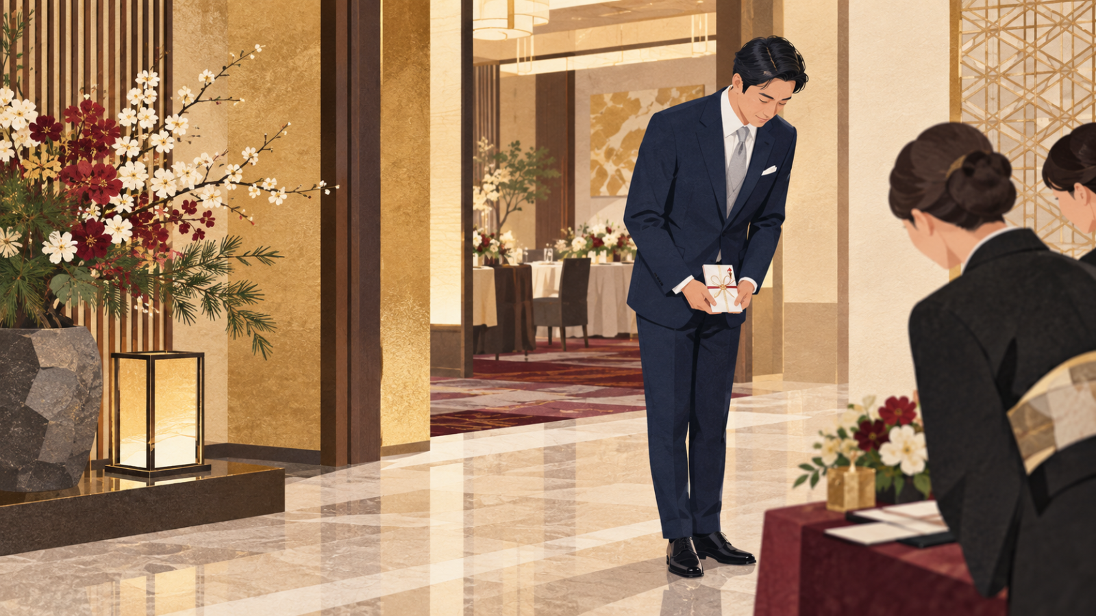 ホテルの結婚式受付でご祝儀袋を両手に持ち丁寧に一礼するネイビースーツの男性ゲストのイラスト