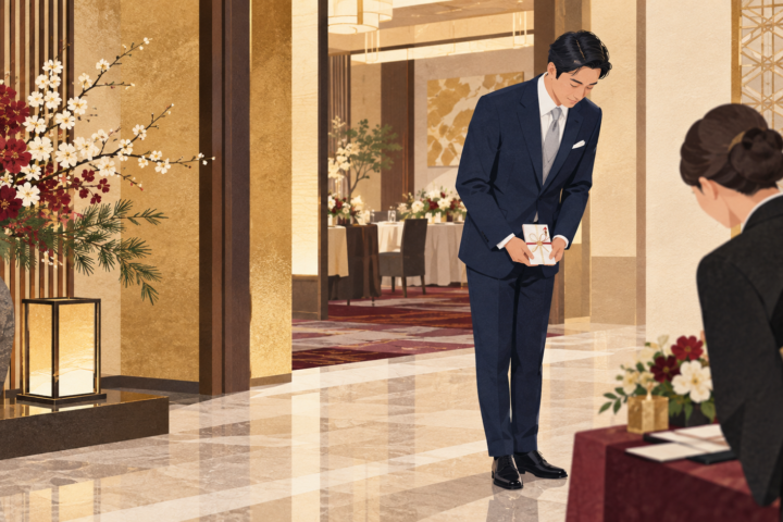 ホテルの結婚式受付でご祝儀袋を両手に持ち丁寧に一礼するネイビースーツの男性ゲストのイラスト