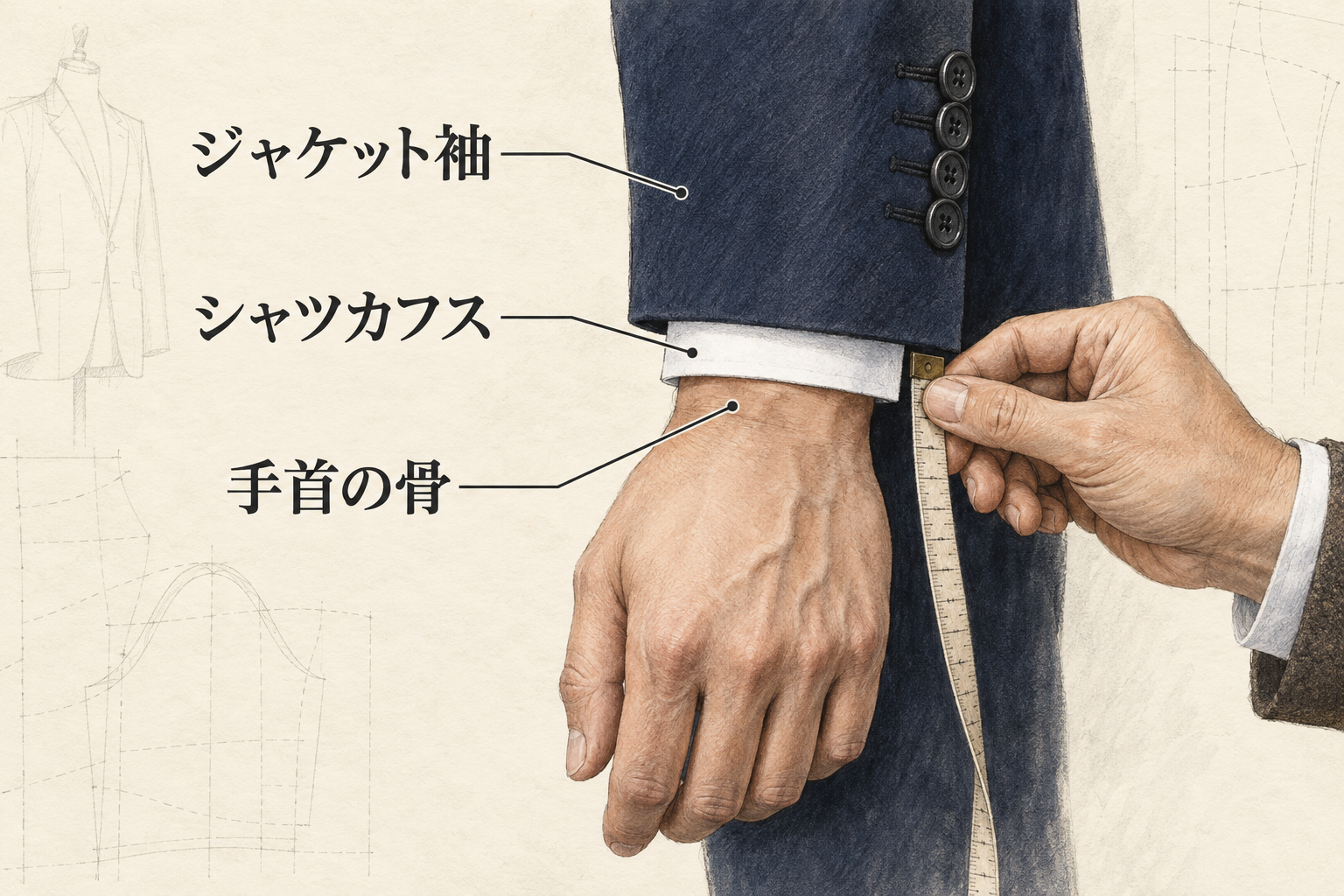 ジャケット袖、シャツカフス、手首の骨の位置を示したスーツ袖丈の手描き図解