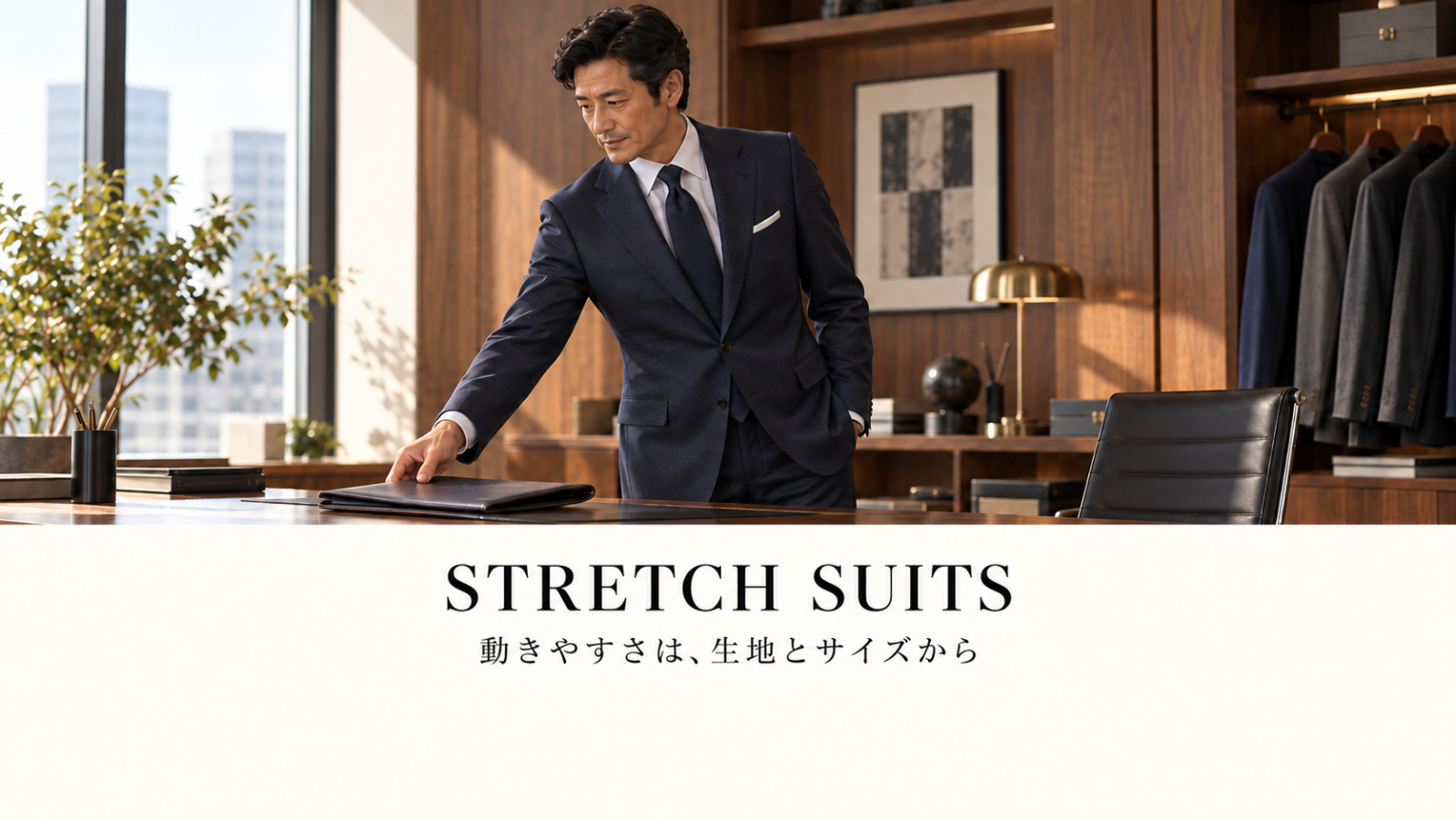 ネイビーの仕事用スーツで自然に腕を前へ出す男性の説明用イメージ