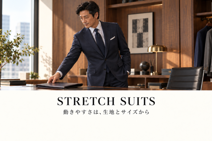 ネイビーの仕事用スーツで自然に腕を前へ出す男性の説明用イメージ