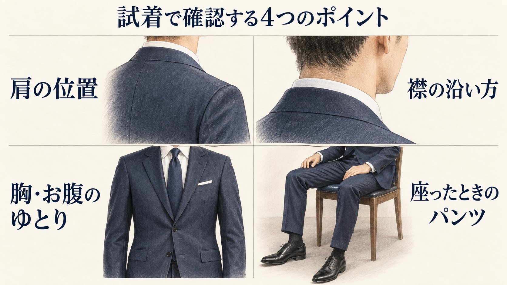 スーツの試着で確認する肩の位置・襟の沿い方・胸とお腹のゆとり・着席時のパンツの4項目
