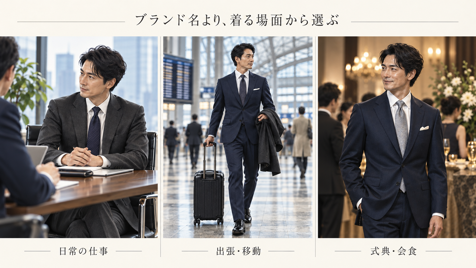 日常の仕事、出張と移動、式典と会食の3つの場面でスーツを着用する男性の生成イメージ