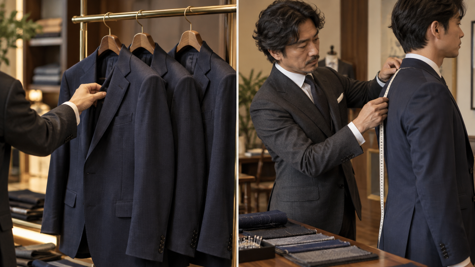 左は完成した既製スーツを選ぶ場面、右はフィッターがオーダースーツの採寸をする場面