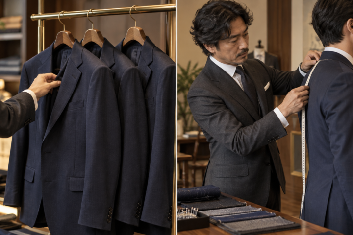 左は完成した既製スーツを選ぶ場面、右はフィッターがオーダースーツの採寸をする場面