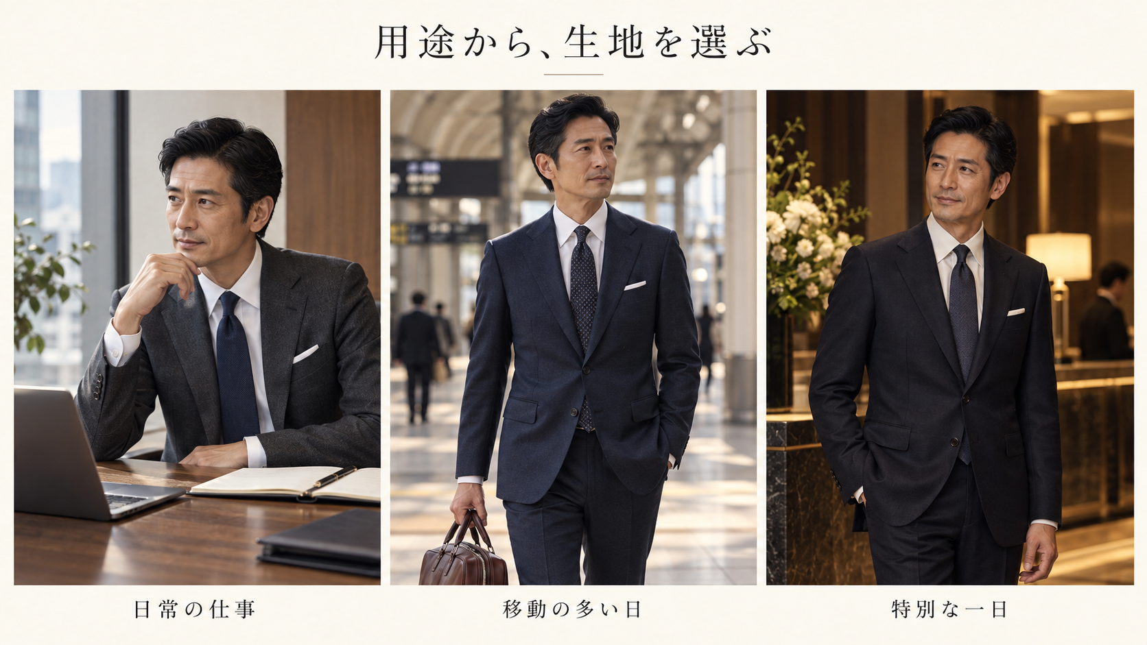 同じ男性が仕事、移動、会食の場面でネイビーやチャコールのスーツを着る3枚の生成イメージ