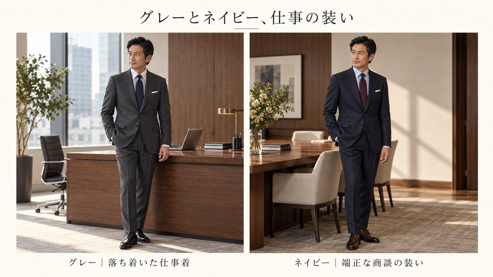 グレーのフランネルスーツに白シャツとネイビーのタイ、ネイビーのフランネルスーツに淡いブルーのシャツとボルドーのタイを合わせる男性の生成イメージ
