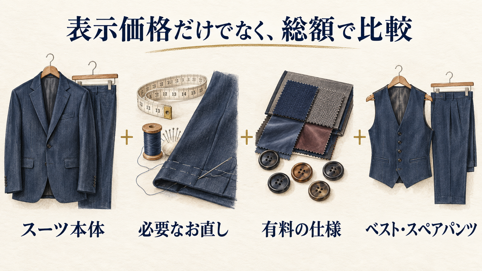 スーツ本体・必要なお直し・有料仕様・ベストやスペアパンツを含めて総額を比較する説明図