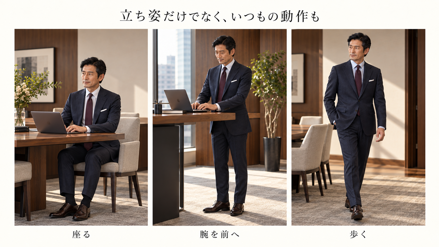 座る・腕を前に出す・歩くという動作の確認例