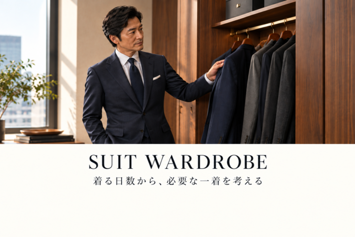 仕事用スーツを選ぶ男性と、ネイビーやチャコールのスーツを掛けたワードローブのイメージ