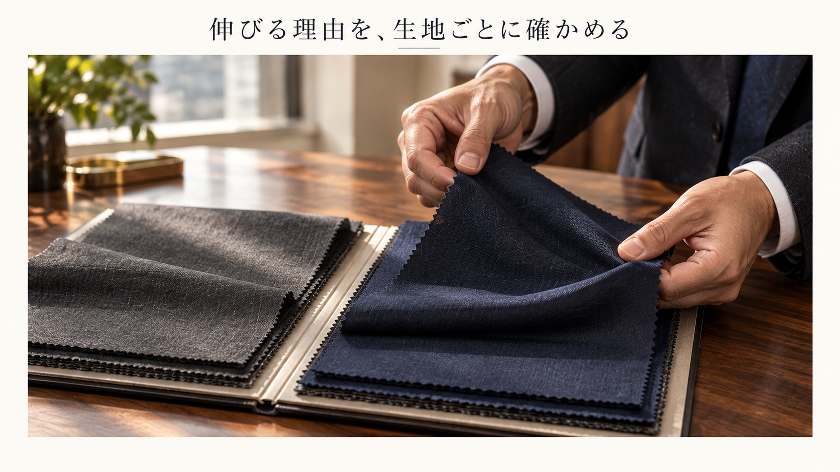 紺とグレーのスーツ生地を手に取り風合いを確かめる説明用イメージ