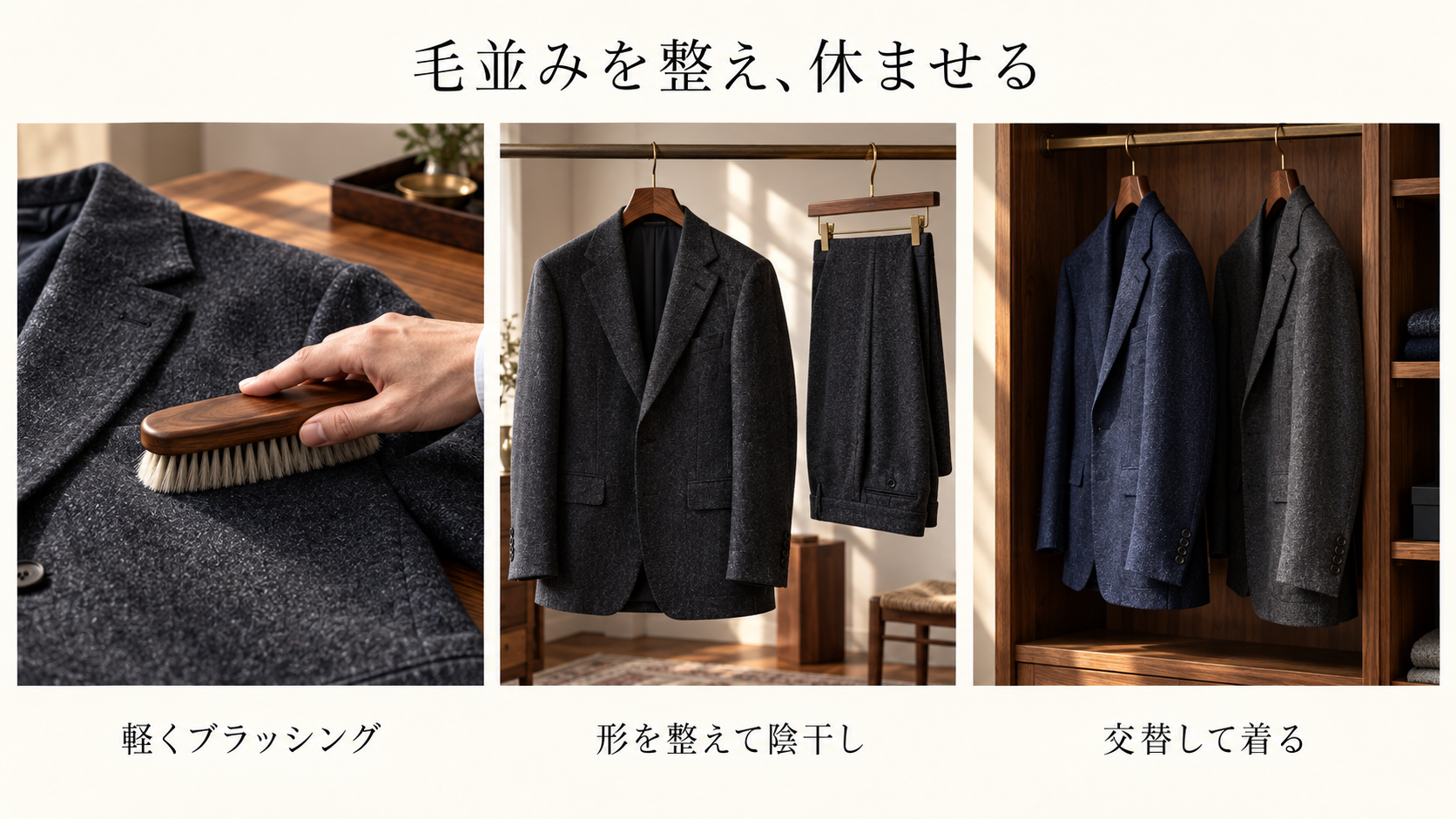 軽いブラッシング、形を整えた陰干し、交替して着ることを3つのパネルで表現した生成イメージ
